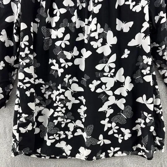 Talbots Top Womens L Black Butterfly Smocked Scoop Neck 3/4 Sleeves Elastic Cuff - Picture 10 of 15